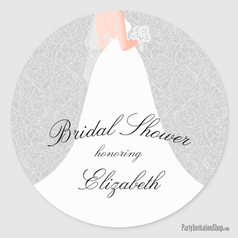 Wedding Dress on Gray Bridal Shower Stickers
