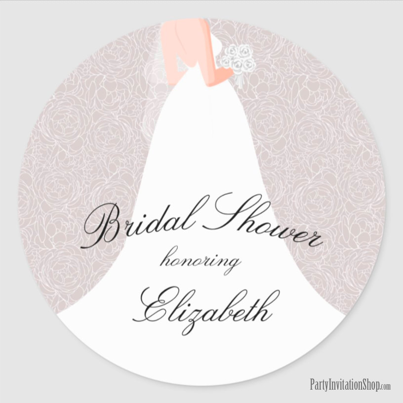 Wedding Dress on Lilac Gray Bridal Shower Stickers