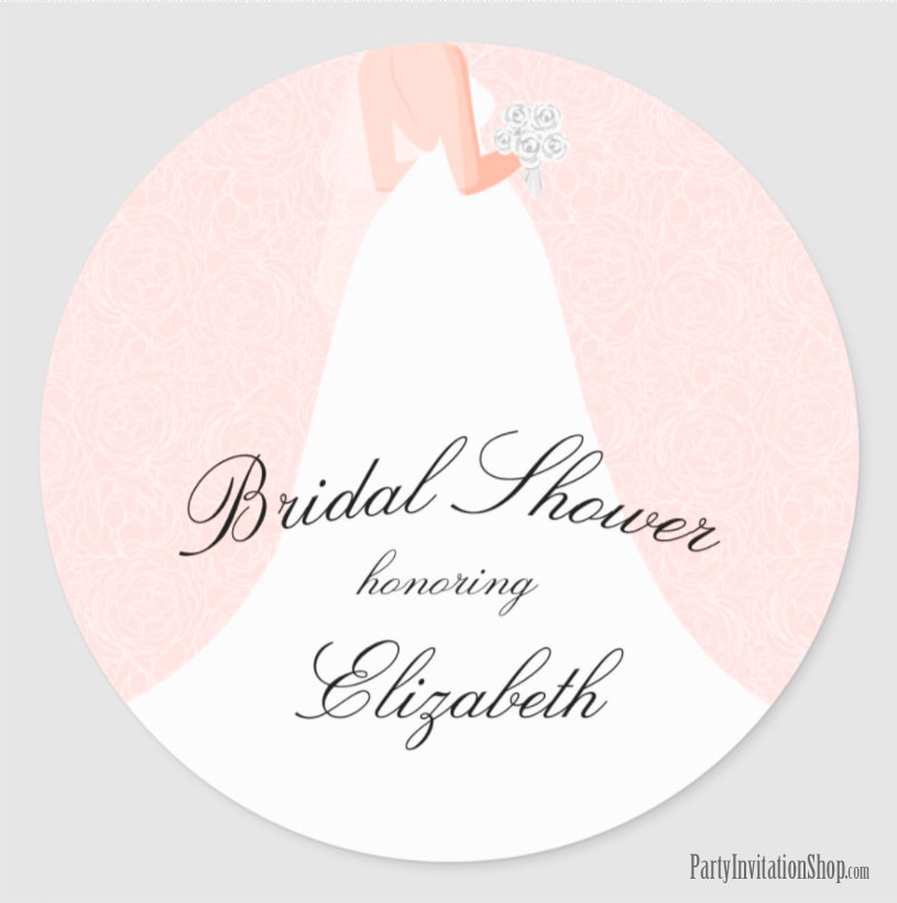 Wedding Dress on Pink Bridal Shower Stickers