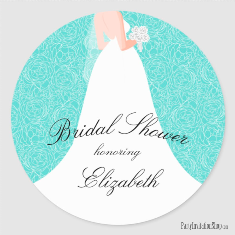 Wedding Dress on Turquoise Bridal Shower Stickers