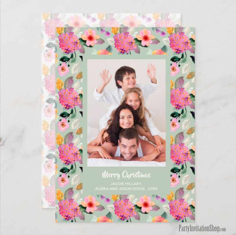 Floral Hydrangeas on Mint Christmas Photo Cards - Shop PartyInvitationShop.com