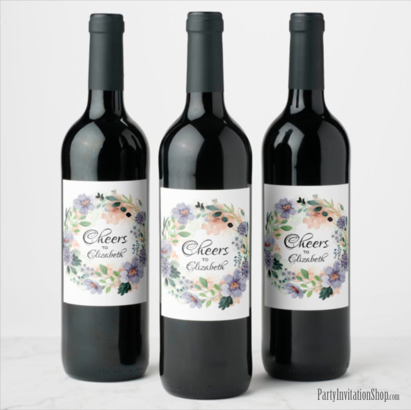 Purple Watercolor Wreath Wine Bottle Labels PERSONALZIED