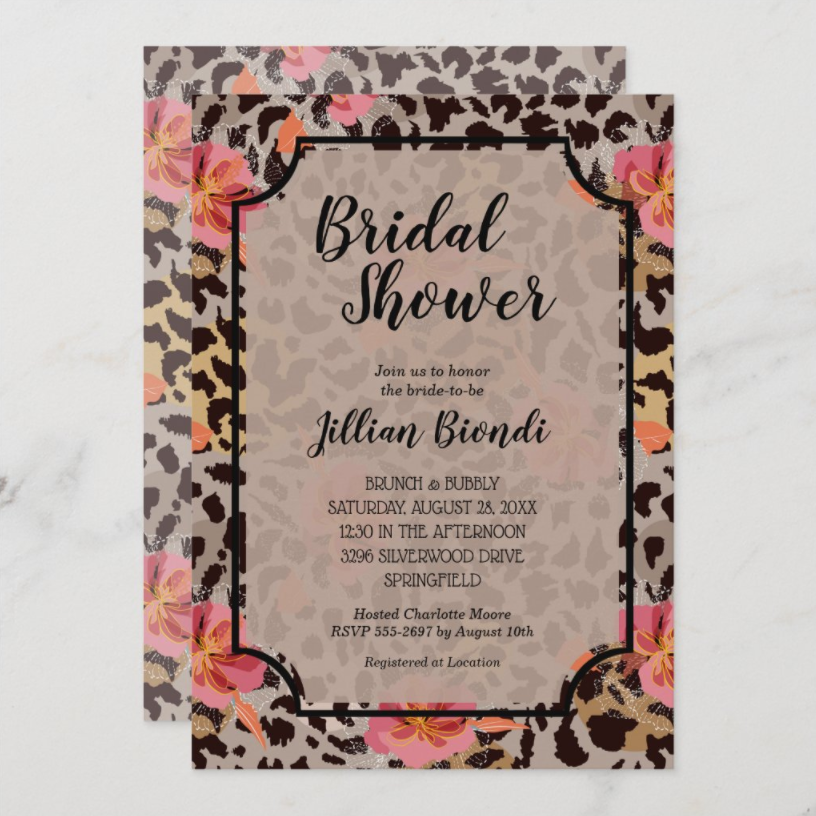 Flowers Leopard Animal Print Bridal Shower Invitations