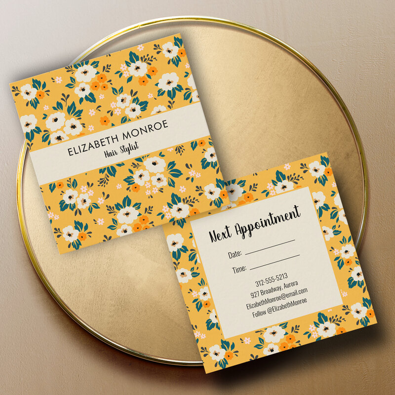 Flowers on Gold Salon Hair Stylist Makeup Square Business Cards
