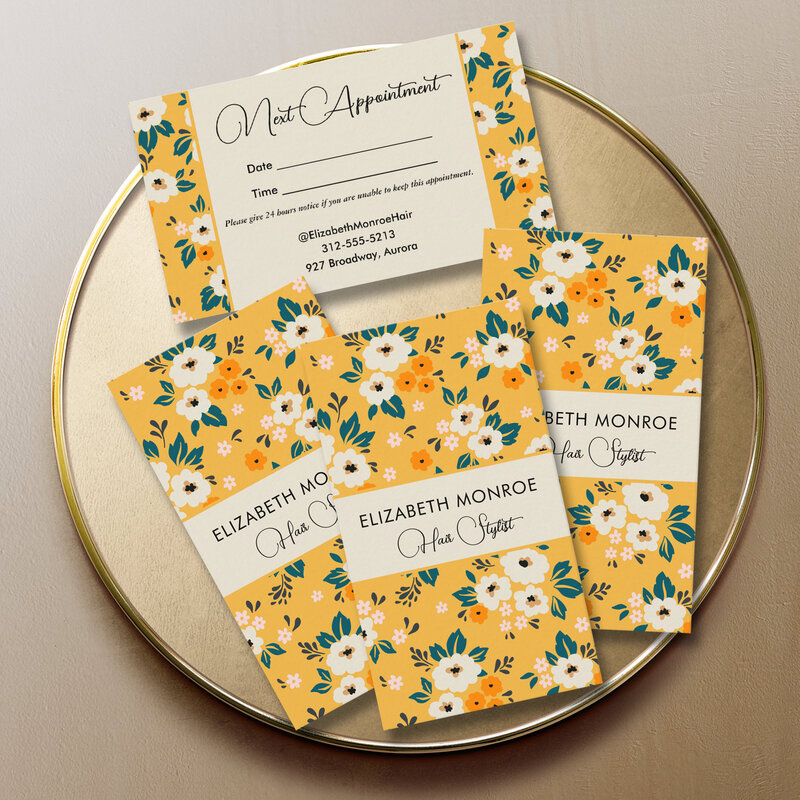Flowers on Gold Salon Hair Stylist Makeup Appointment Cards