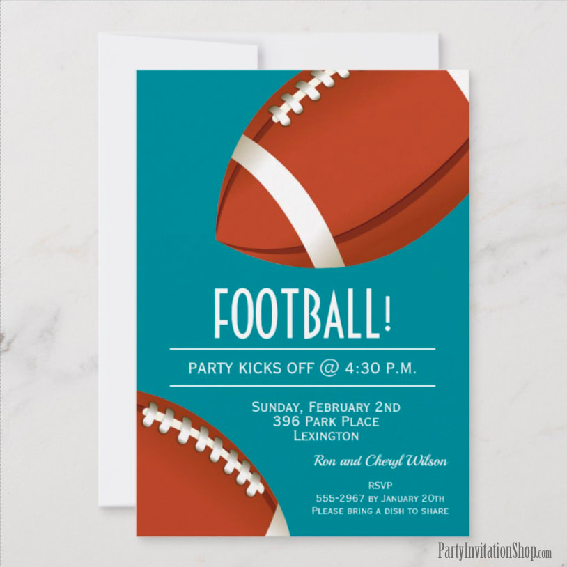 Footballs on Teal Super Bowl Party Invitations at PartyInvitationShop.com
