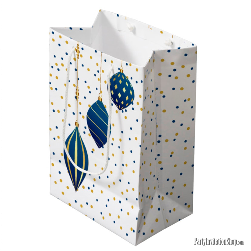 Medium Gift Bags - Blue and Gold Christmas Ornaments