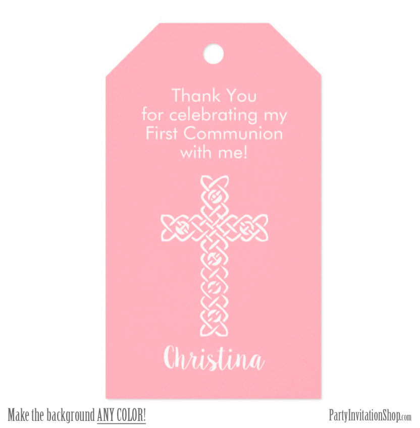 White Cross on Pink Religious Party Favor Thank You Tags