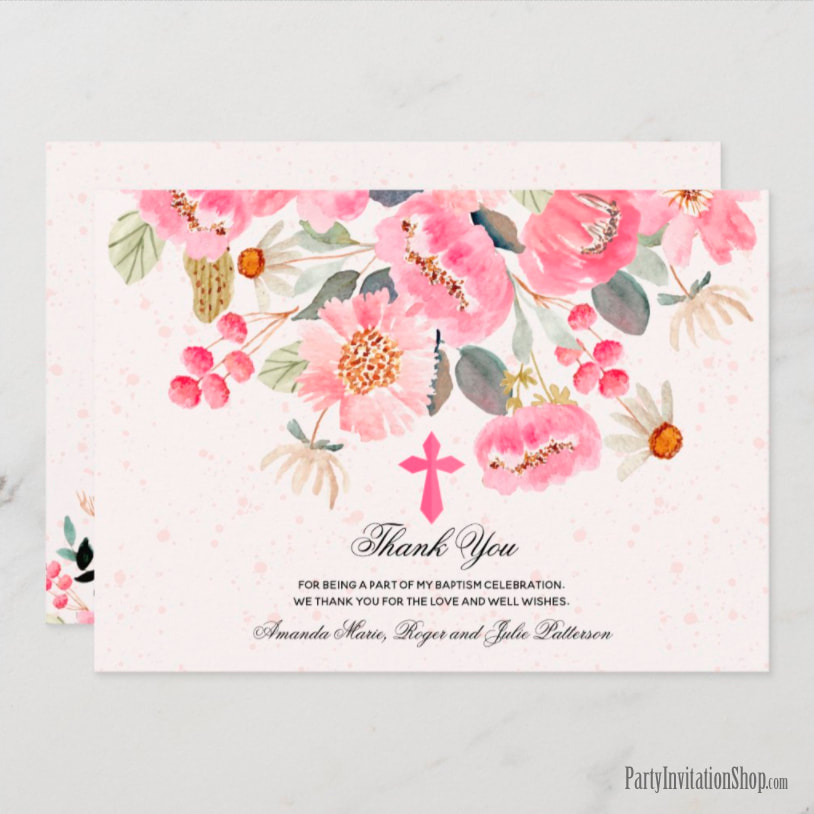 Girl Baptism Watercolor Pink Floral Thank You Cards