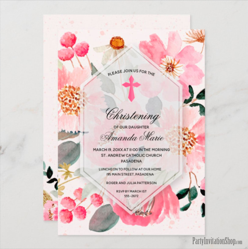 Girl Christening Watercolor Pink Floral Invitations