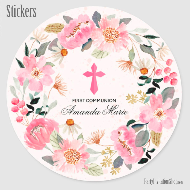 Girl First Communion Watercolor Pink Floral Classic Round Stickers
