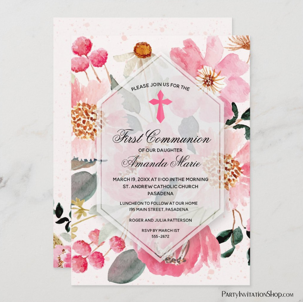 Girl Communion Cross Watercolor Pink Floral Invitations