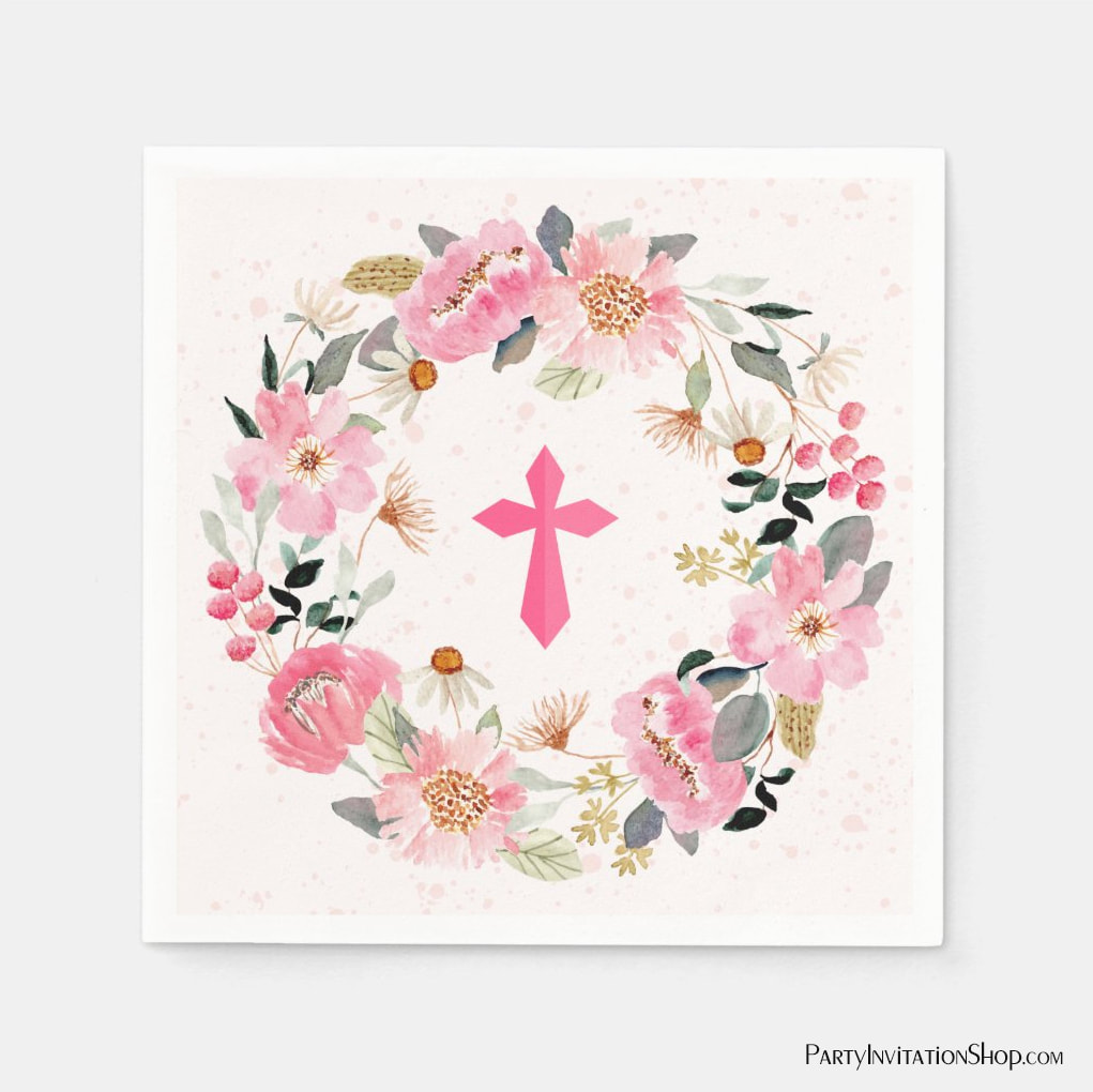 Girl First Communion Watercolor Pink Floral Napkins