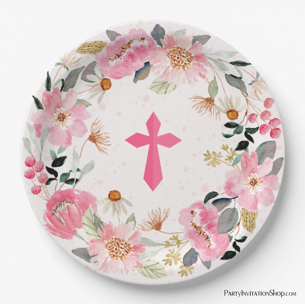 Girl First Communion Watercolor Pink Floral Paper Plates