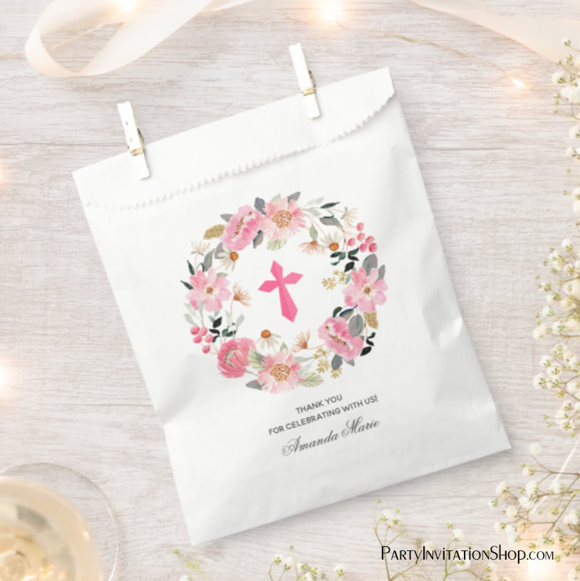 Girl First Communion Watercolor Pink Floral Favor Bags