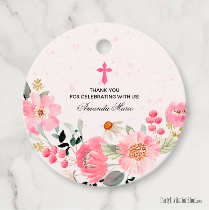 Girl First Communion Watercolor Pink Floral Favor Tags