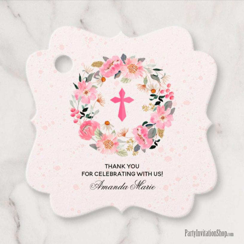 Girl First Communion Watercolor Pink Floral Favor Favor Tags