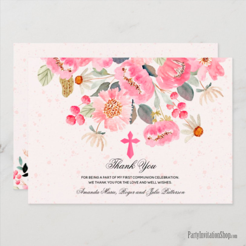 Girl First Communion Watercolor Pink Floral Thank You Cards