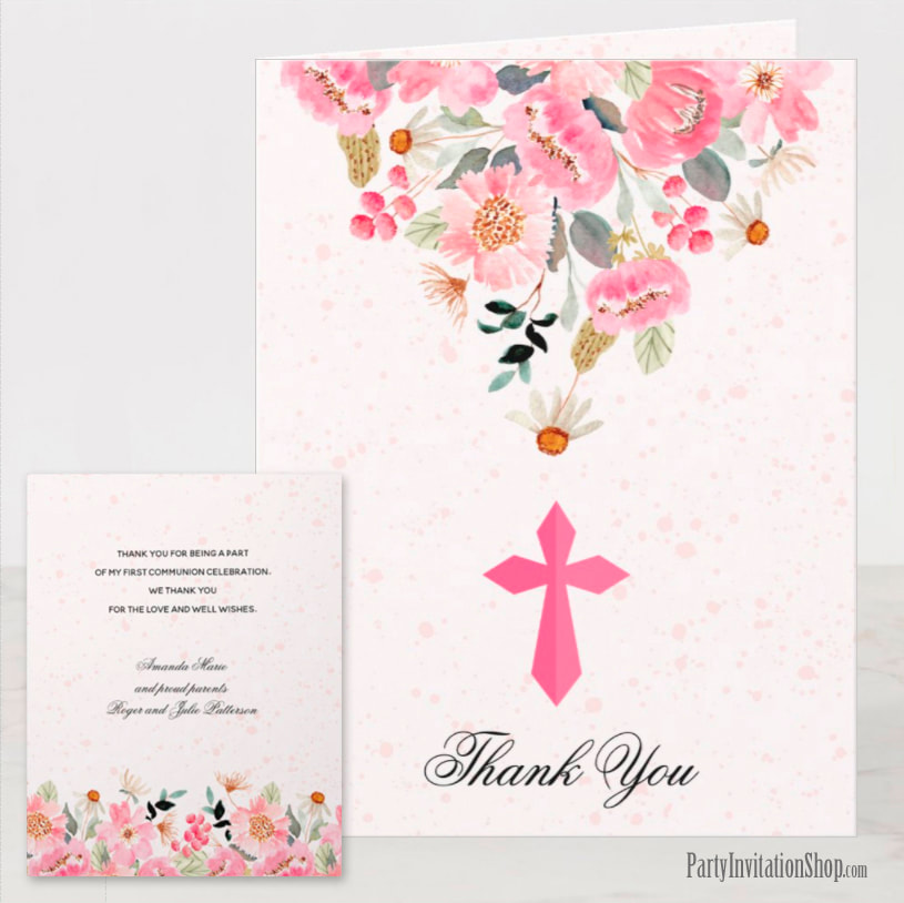 Girl First Communion Watercolor Pink Floral Folded Thank You Cards