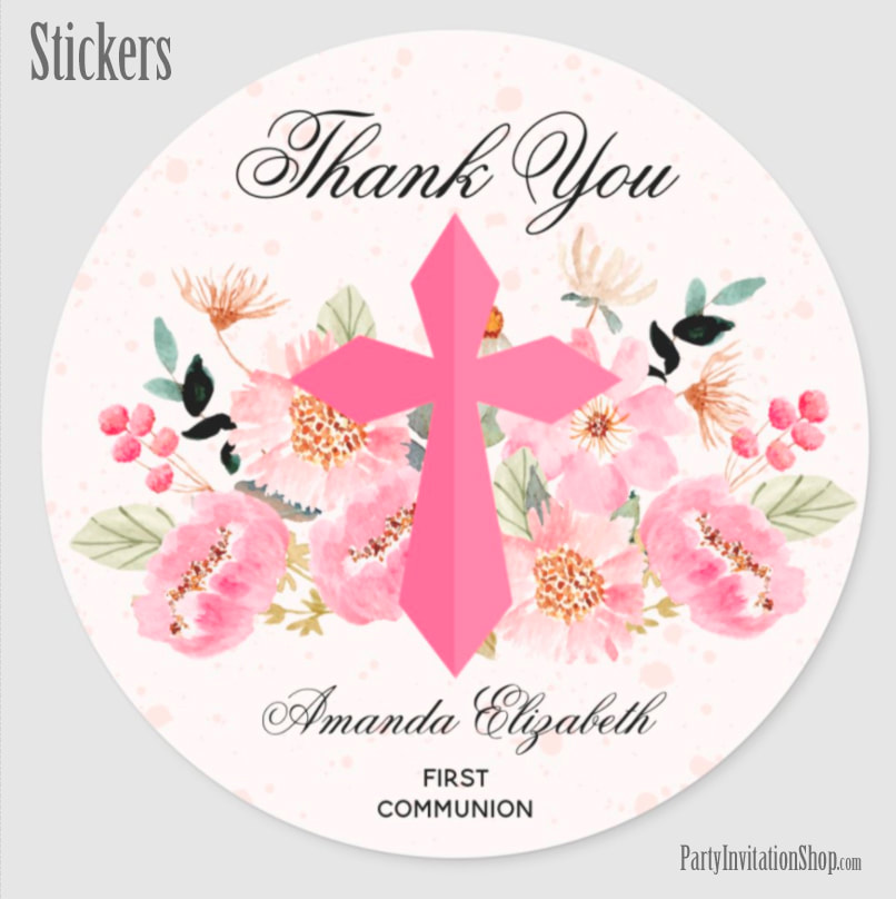 Girl Communion Watercolor Pink Floral Thank You Classic Round Sticker