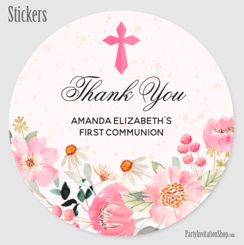 Girl Communion Watercolor Pink Floral Favors Classic Round Stickers
