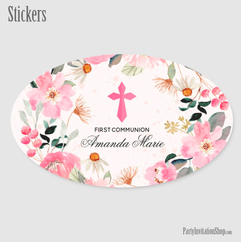 Girl First Communion Watercolor Pink Floral Oval Stickers