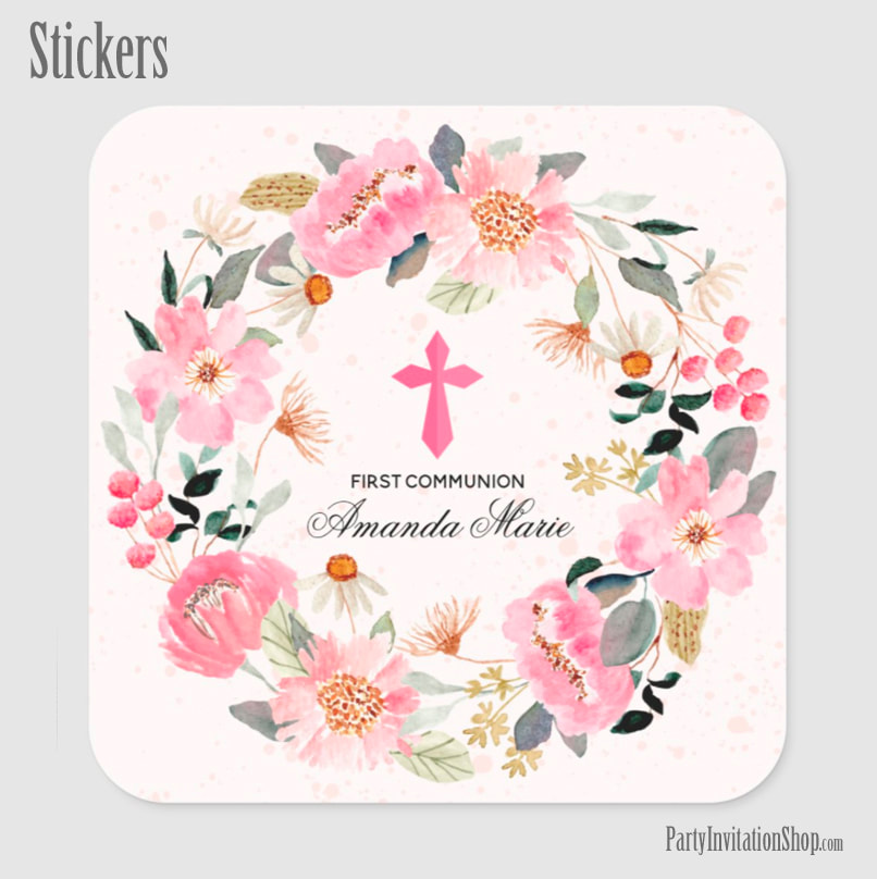 Girl First Communion Watercolor Pink Floral Square Stickers