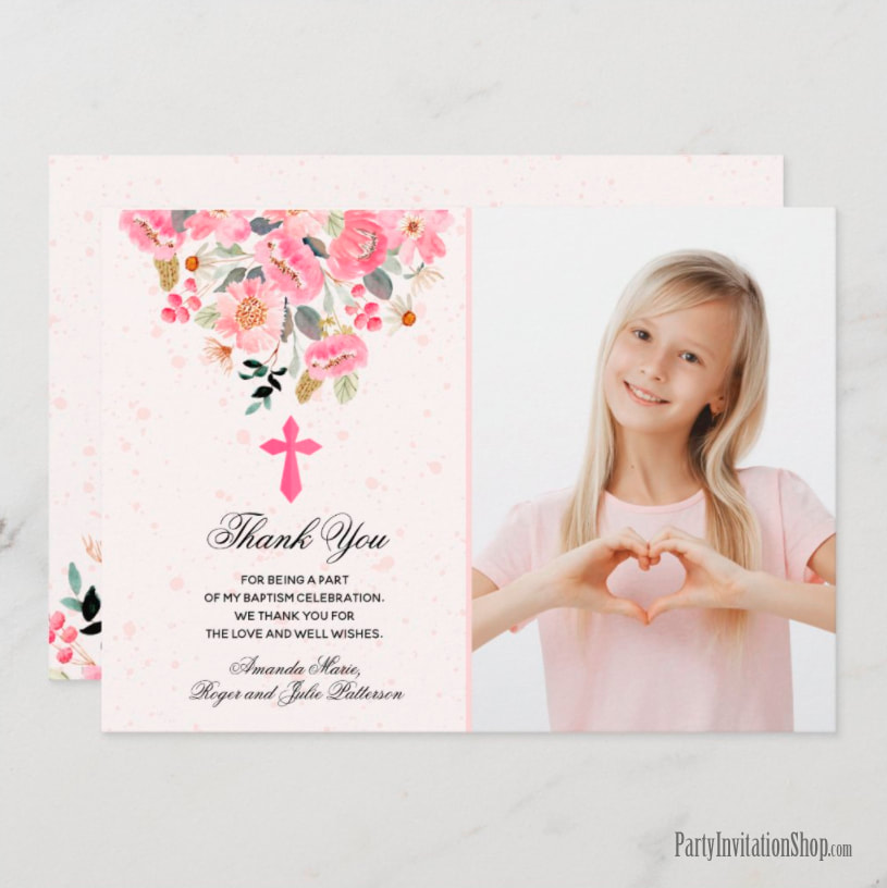 Girl Photo Watercolor Pink Flowers Baptism Thank You Cards