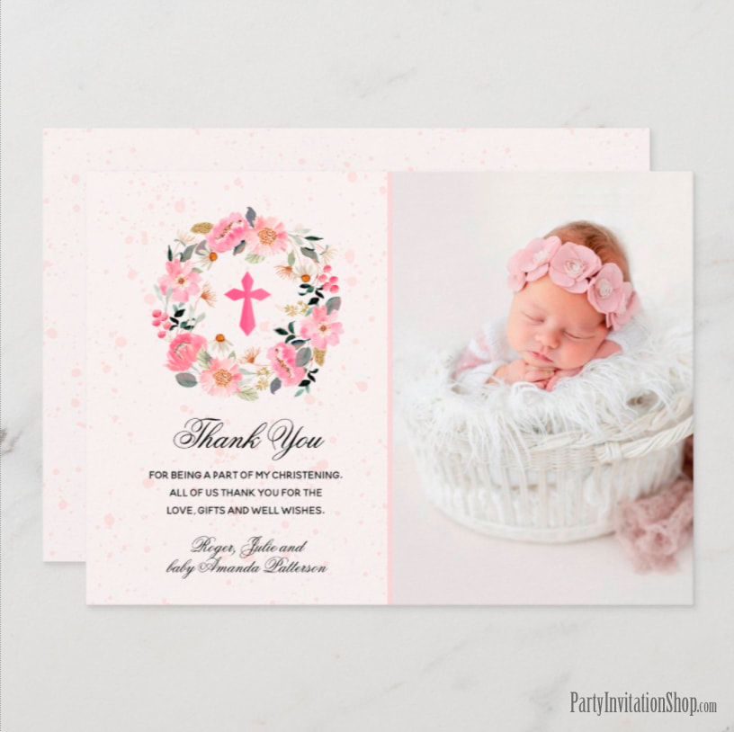 Girl Photo Christening Watercolor Pink Floral Thank You Cards