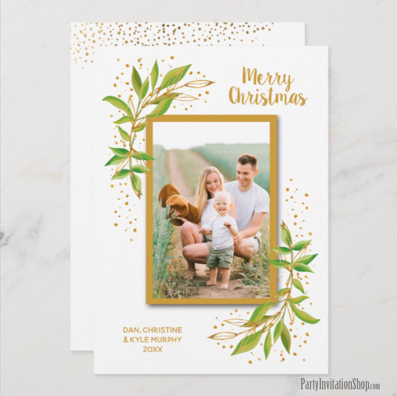 Green Gold Foliage and Dots Christmas Photo Cards - Shop PartyInvitationShop.com