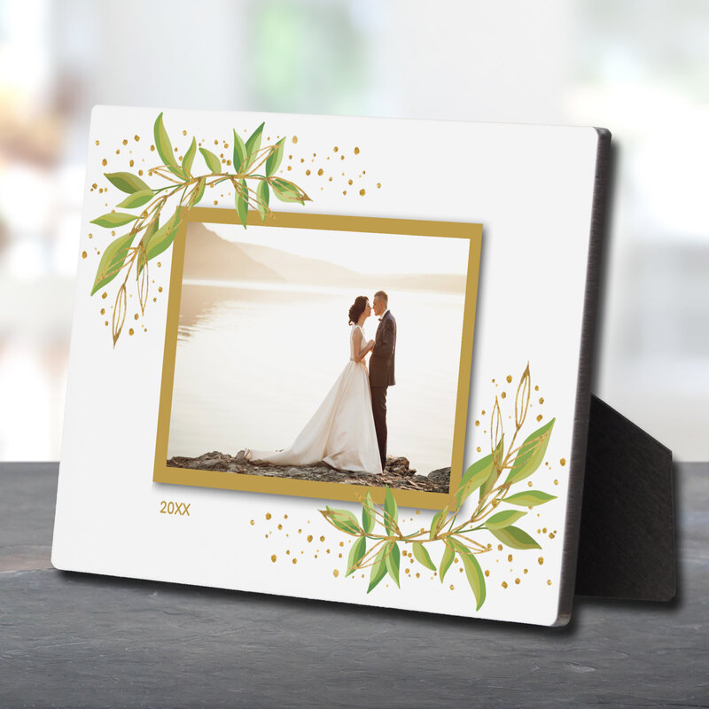 Gold and Green Watercolor Foliage Photo Easel Plaque