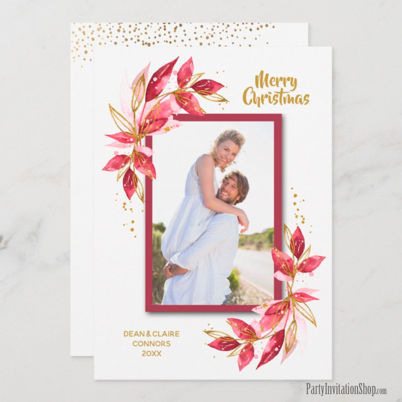 Red and Gold Floral and Dots Holiday Christmas Photo Cards at PartyInvitationShop.com