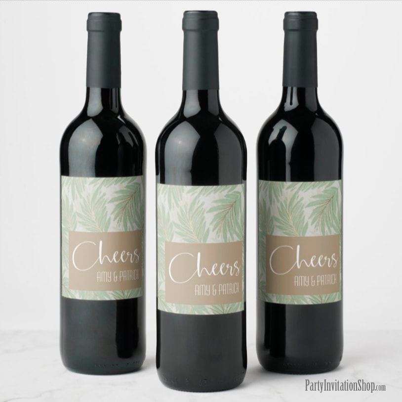 Personalized Wine Bottle Beverage Labels in the Sage and Gold Leaves Collection at PartyInvitationShop.com