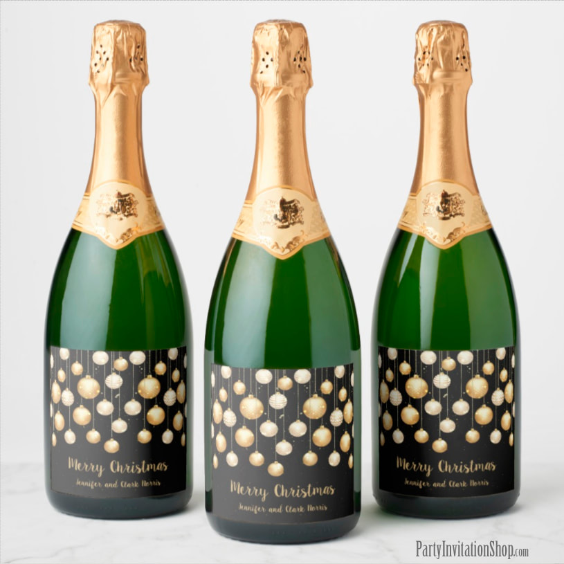 Gold Baubles Christmas Tree Ornaments Champagne Bottle Labels - MATCHING items in our store at PartyInvitationShop.com