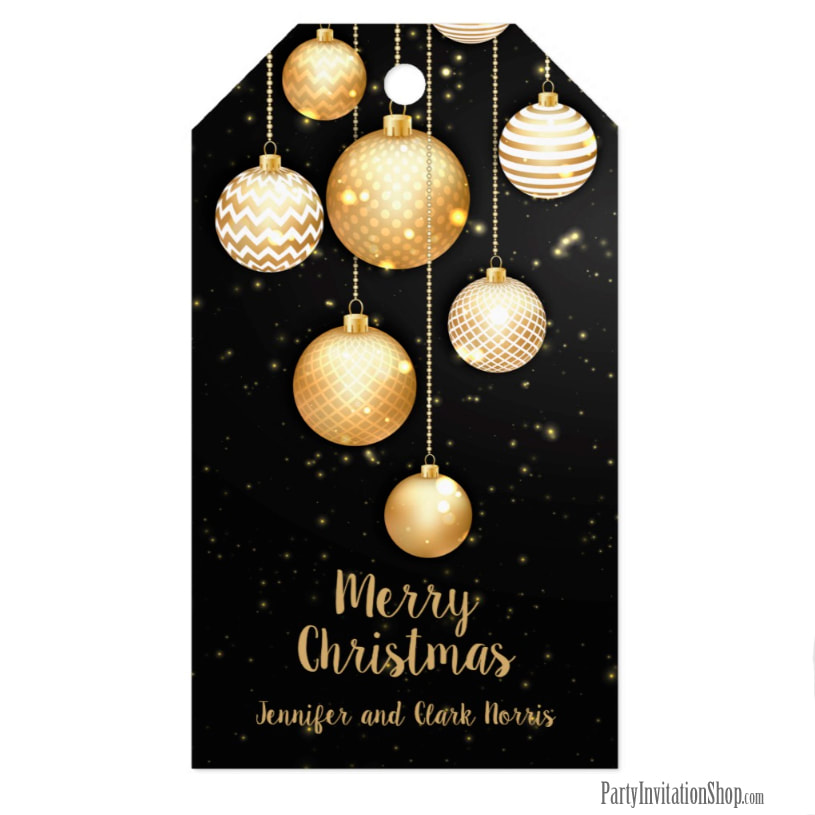 Gold Baubles Christmas Ornaments on Black Favor Gift Tags - MATCHING items in our store at PartyInvitationShop.com