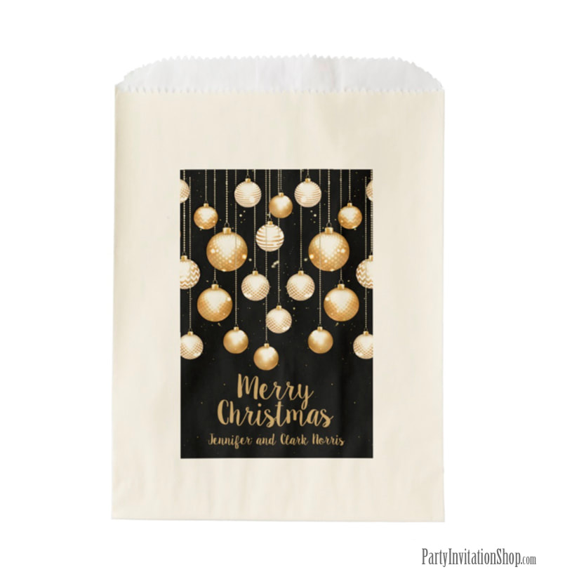 Gold Baubles Christmas Ornaments on Black Treat Favor Bags - MATCHING items in our store at PartyInvitationShop.com