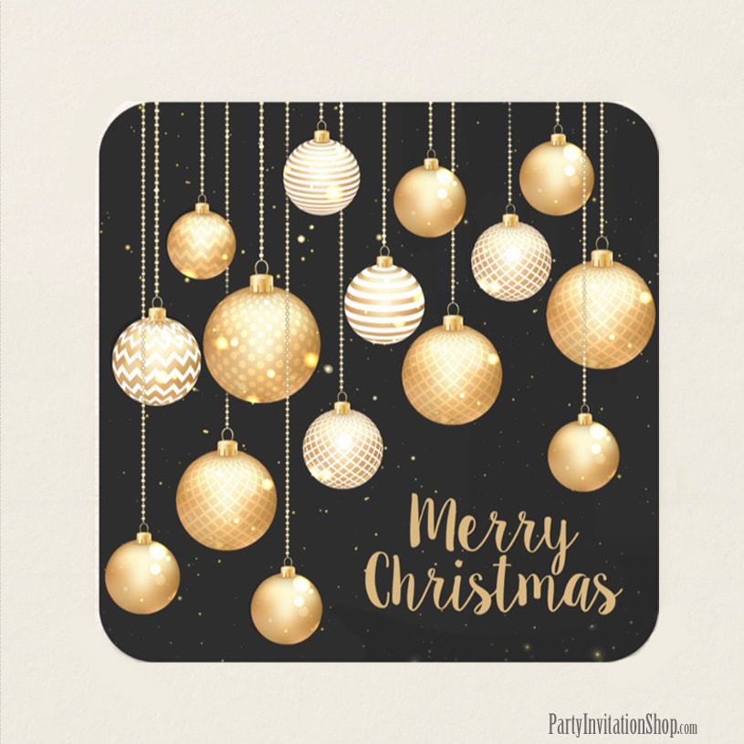 Gold Baubles Christmas Ornaments on Black Square Paper Coasters - MATCHING items in our store at PartyInvitationShop.com