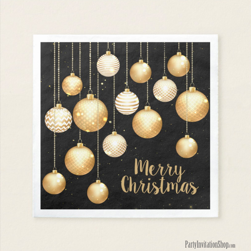 Gold Baubles Christmas Ornaments on Black Party Napkins - MATCHING items in our store at PartyInvitationShop.com