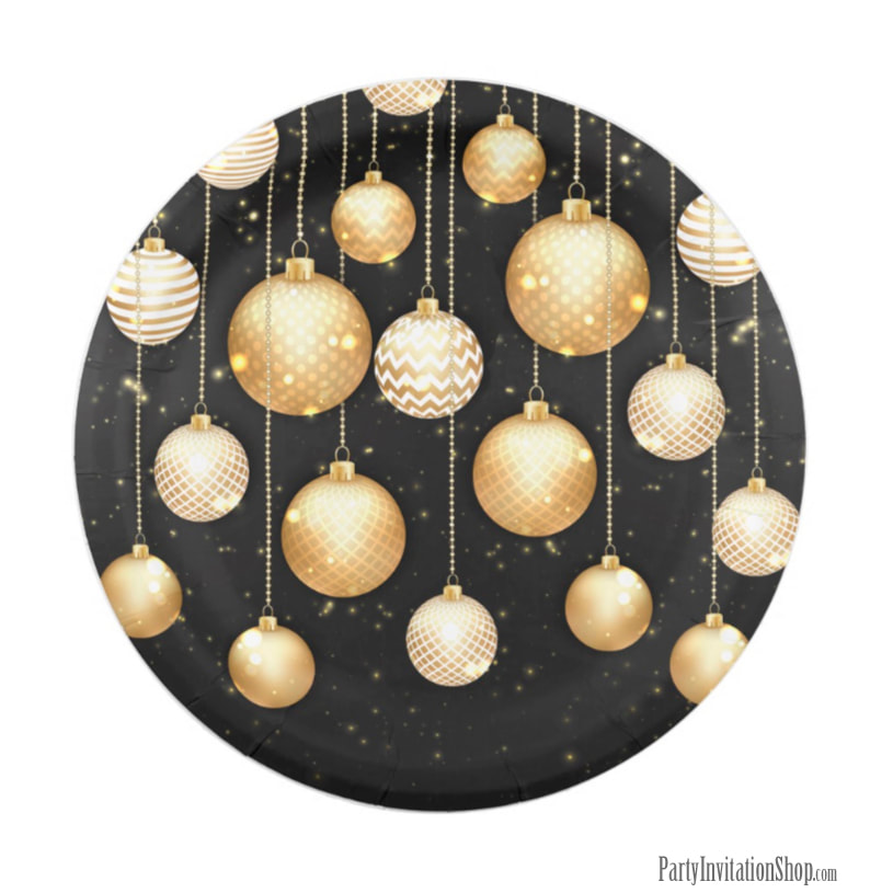 Gold Baubles Christmas Tree Ornaments Party Paper Plates - MATCHING items in our store at PartyInvitationShop.com