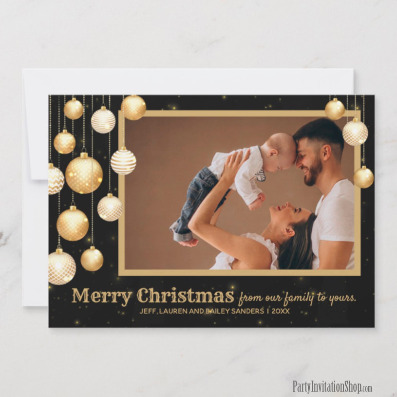 Gold Bauble on Black Christmas Ornament Photo Cards - MATCHING items in our store at PartyInvitationShop.com