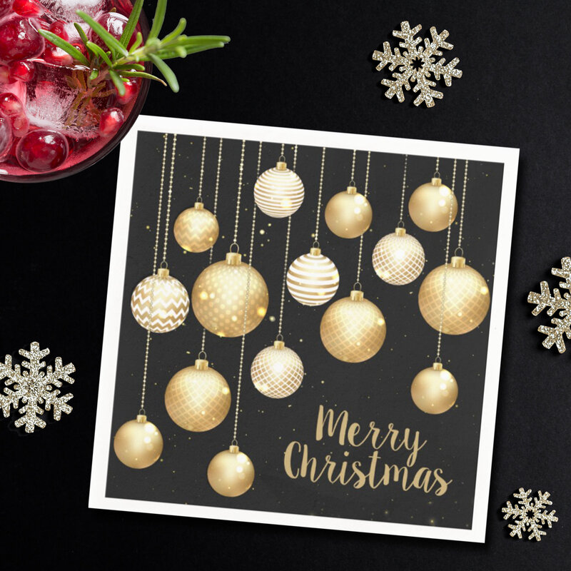 Gold Baubles Christmas Ornaments on Black Party Napkins