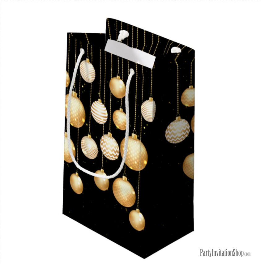 Small Gift Bag with Gold Baubles Christmas Tree Ornaments - MATCHING items in our store at PartyInvitationShop.com