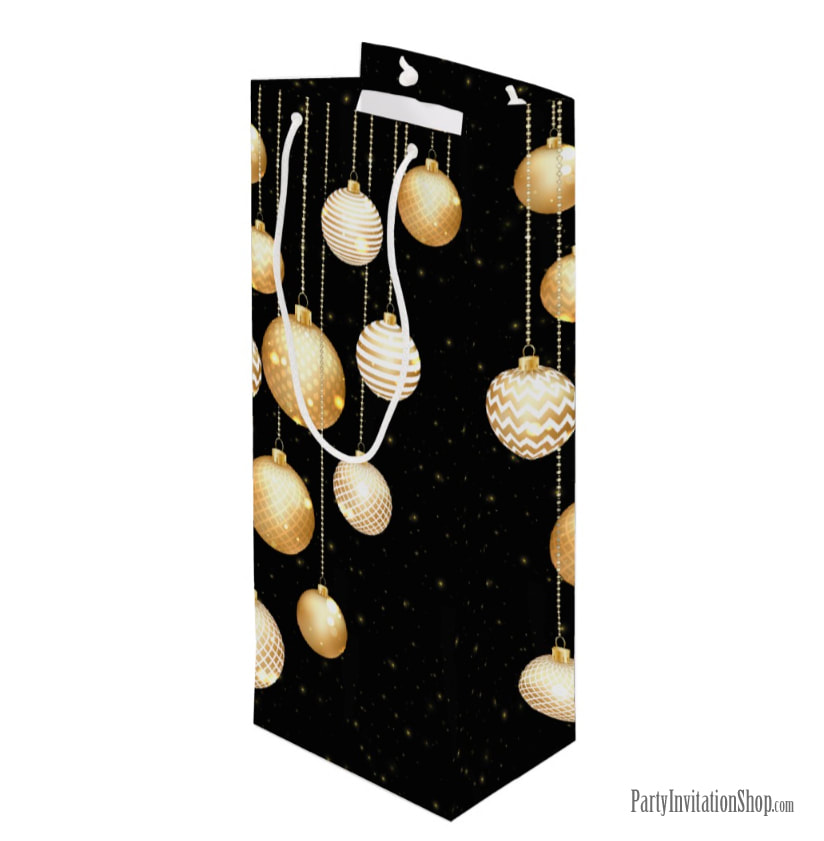 Wine Gift Bag with Gold Baubles Christmas Tree Ornaments - MATCHING items in our store at PartyInvitationShop.com