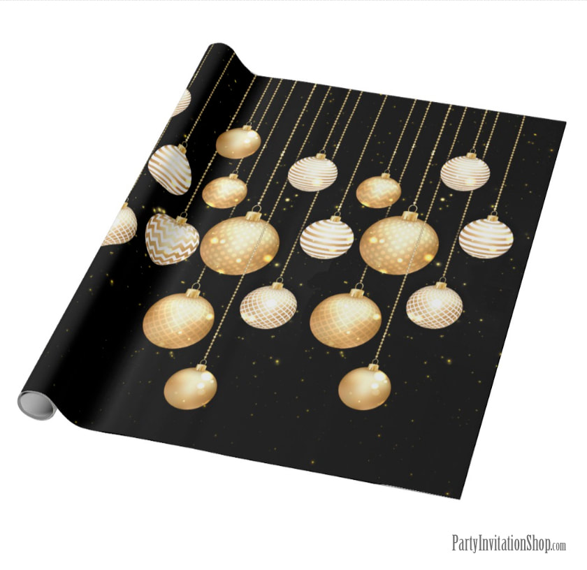 Wrapping Paper with Gold Baubles Christmas Tree Ornaments - MATCHING items in our store at PartyInvitationShop.com