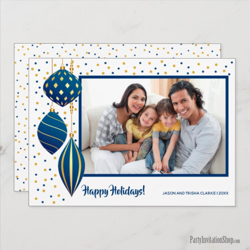 Holiday Photo Cards - Blue and Gold Christmas Ornaments