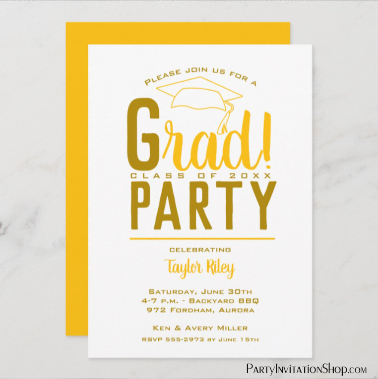 RAD graduation party invitations or graduation announcements in your school colors with a grad cap on the top, just change the wording to fit your event. Michigan Wolverines colors of blue and maize yellow. Use for college or high school graduation. LOTS OF COLOR combinations already pre-made ready to personalize with your information. Shop PartyInvitationShop.com