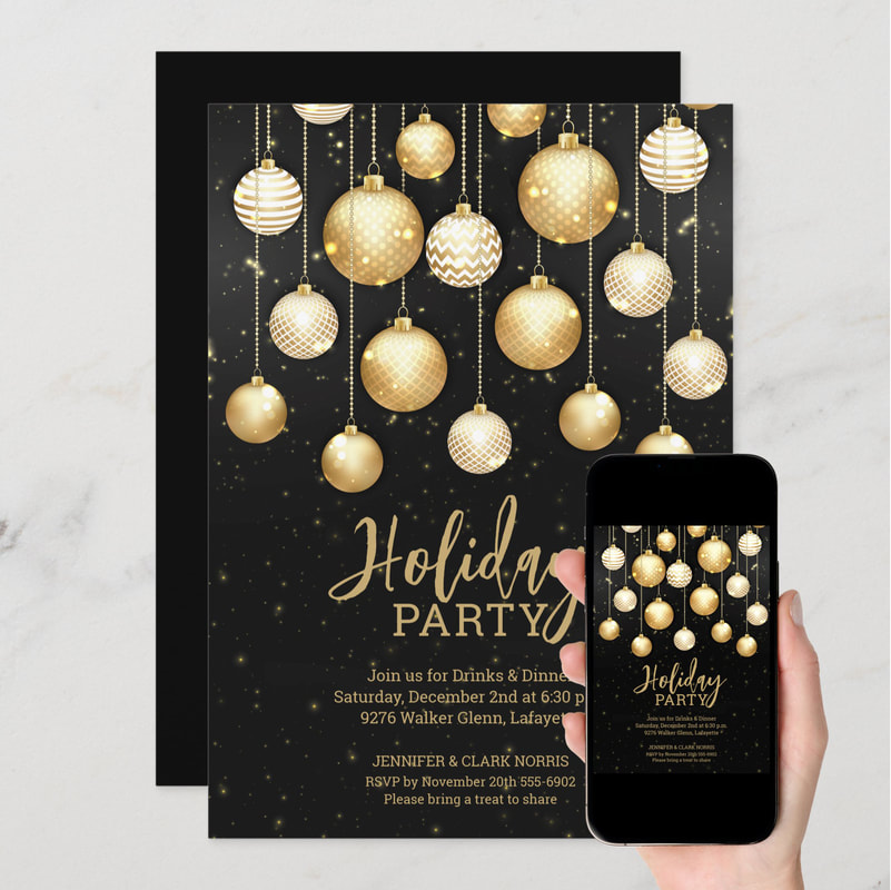 Gold Christmas Tree Ornaments Black Holiday Invitations