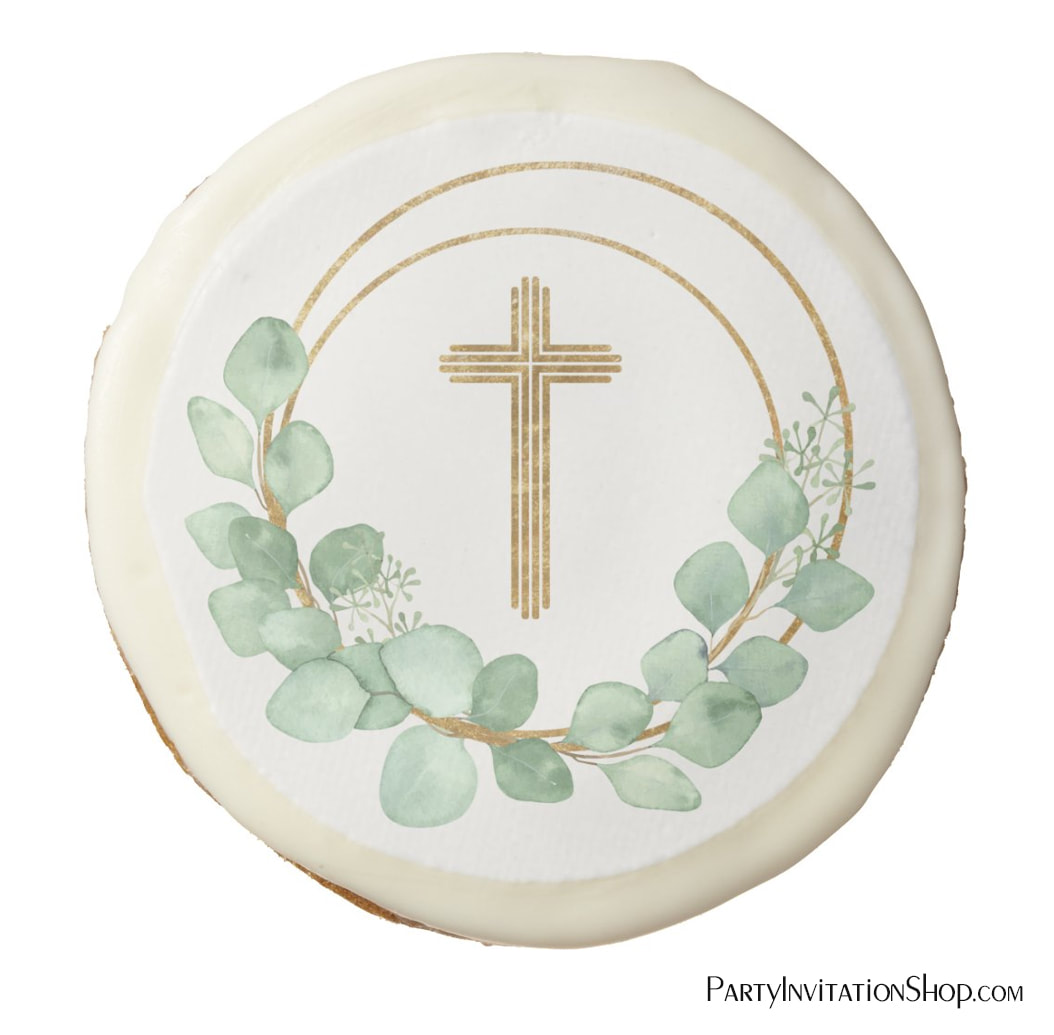 Gold Cross Eucalyptus Wreath First Communion Frosted Sugar Cookies