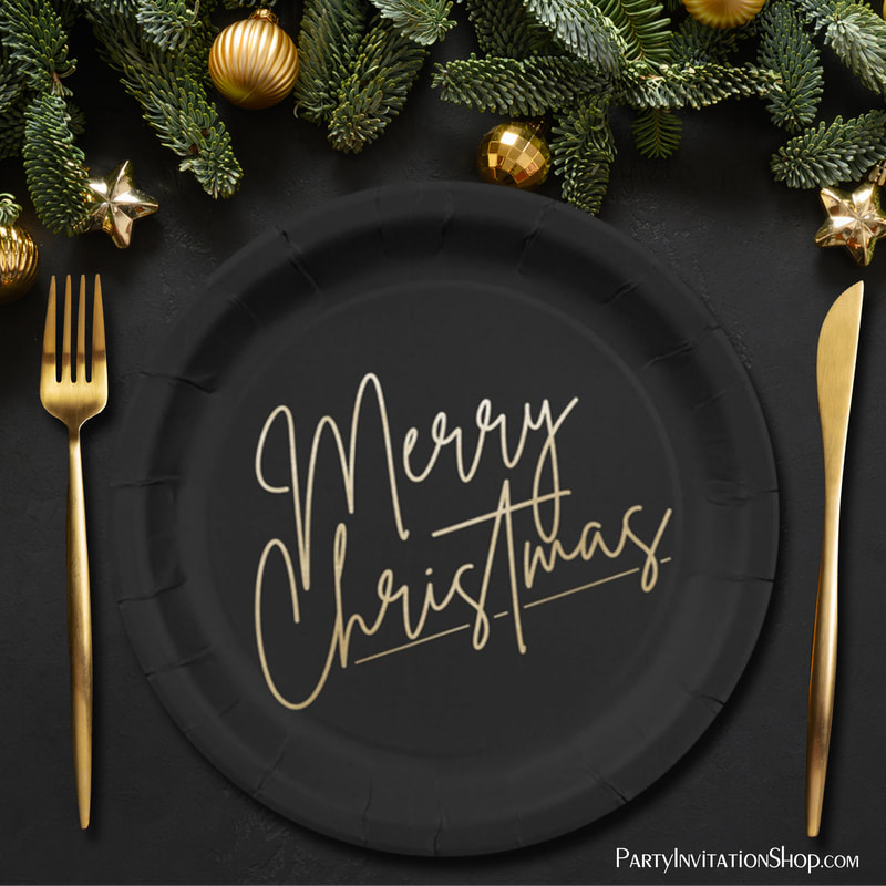 Gold Merry Christmas on Black Paper Plates