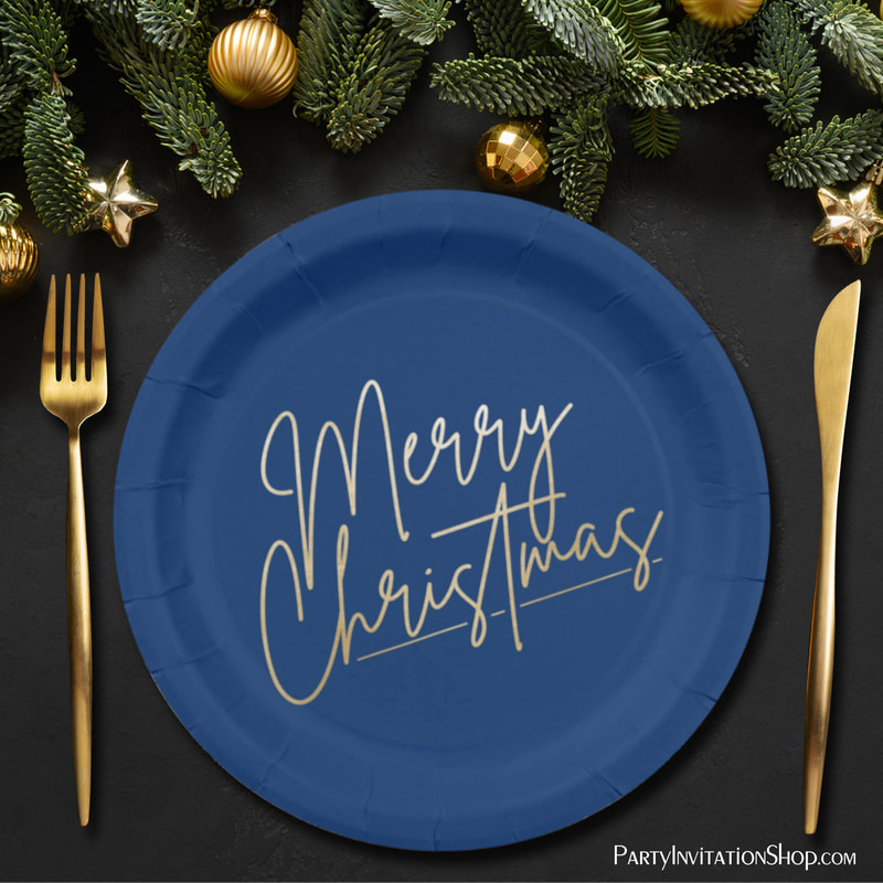 Gold Merry Christmas on Blue Paper Plates